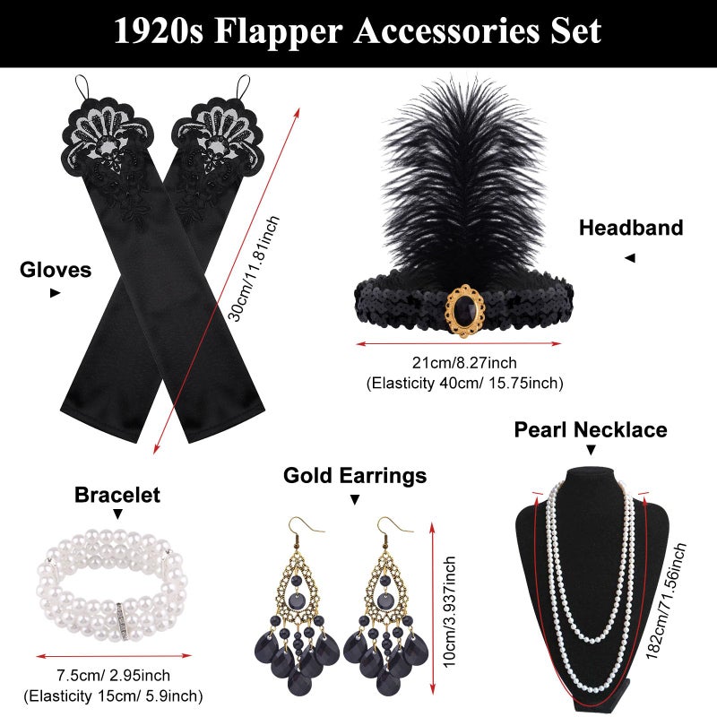 FEPITO 8 Pcs 1920s Flapper Great Gatsby Accessories Set Flapper Headband Necklace Earrings Long Black Gloves Boa Cigarette Holder Theme Party Accessories for Womenï¼ˆSet Eï¼‰ - Image 3